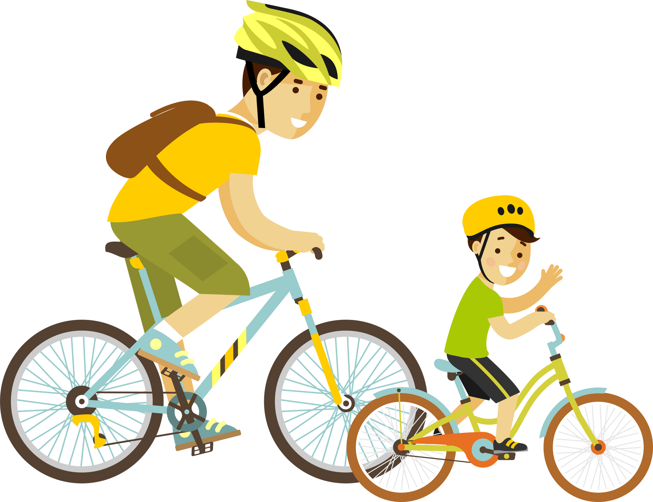 Happy  Father and Kid Child Boy Son Riding Bicycles Together. Active Leisure, Recreation, Sport Activity